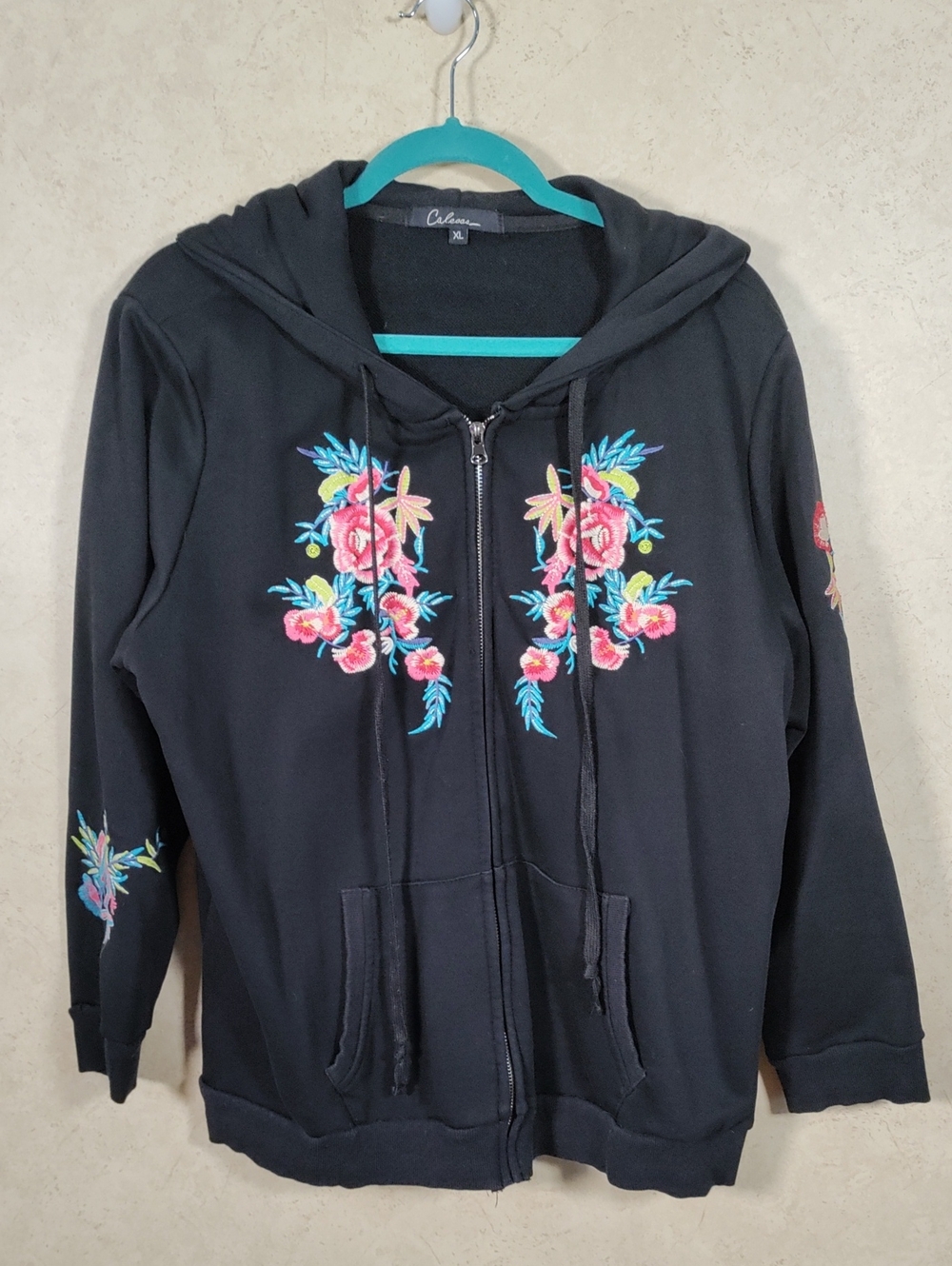 H178 Calesas Black Zip Hoodie with Pink & Teal Floral Embroidery XL